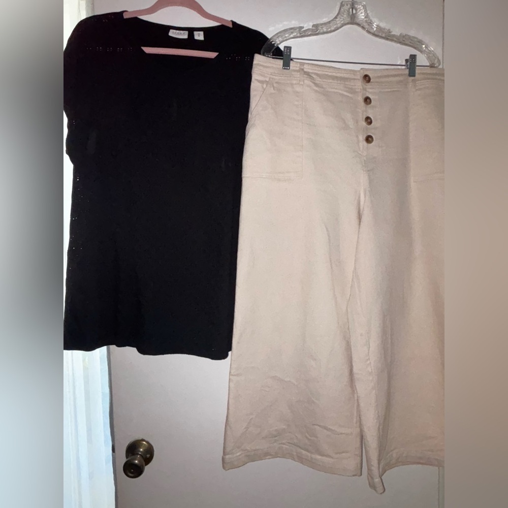 Black Top and Beige Wide-Leg Pants